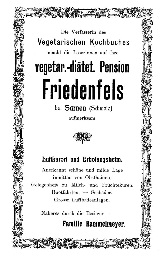 Inserat für Friedenfelds mit Nennung von Martha Rammelmeyer. abgedruckt in der 6. Auflage ihres Kochbuchs.